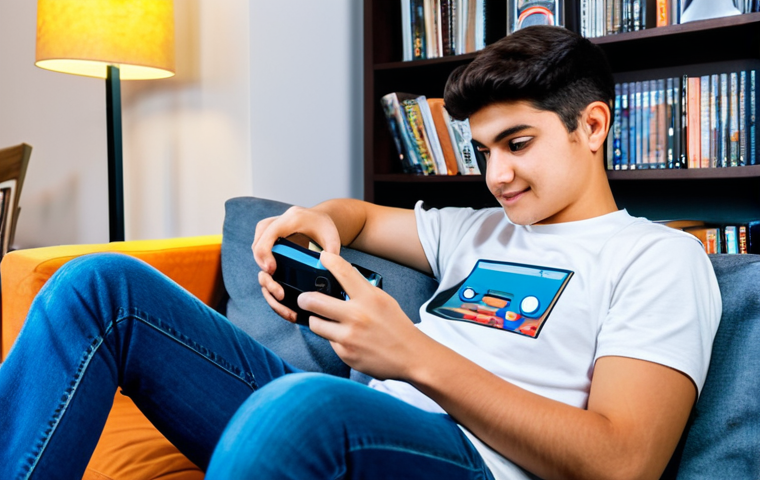 Gamer Setup**

"A young adult, fully clothed in a casual t-shirt and jeans, sitting on a comfortable couch in a modern living room, playing a Game Boy game on a Nintendo Switch. The Switch screen is visible, displaying a classic Game Boy game. Bookshelf and a warm lamp are behind the couch. Safe for work, appropriate content, professional, family-friendly, perfect anatomy, correct proportions, natural pose, well-formed hands, proper finger count, natural body proportions."

**
