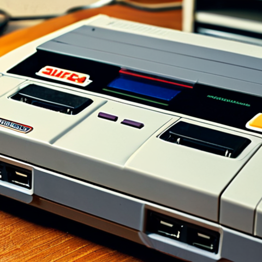 중고 레트로 게임기 구매 팁 - **A Detailed Visual Inspection of a Vintage SNES Console:**
    A detailed, eye-level close-up shot ...