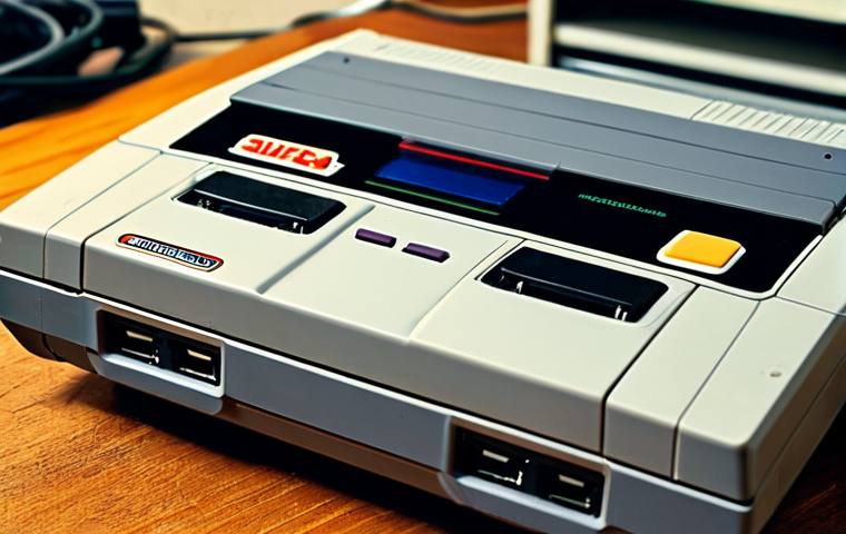 중고 레트로 게임기 구매 팁 - **A Detailed Visual Inspection of a Vintage SNES Console:**
    A detailed, eye-level close-up shot ...