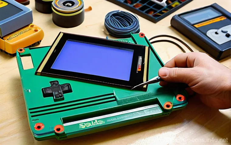 게임보이 타이틀 복원 방법 - **A meticulously organized retro game restoration workshop.** The scene should feature a sturdy wood...