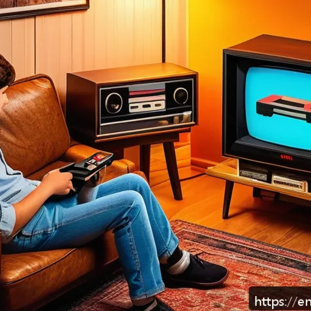 비디오게임기의 세대 구분 - A nostalgic living room scene from the 1980s featuring an Atari 2600 and original Nintendo Entertain...