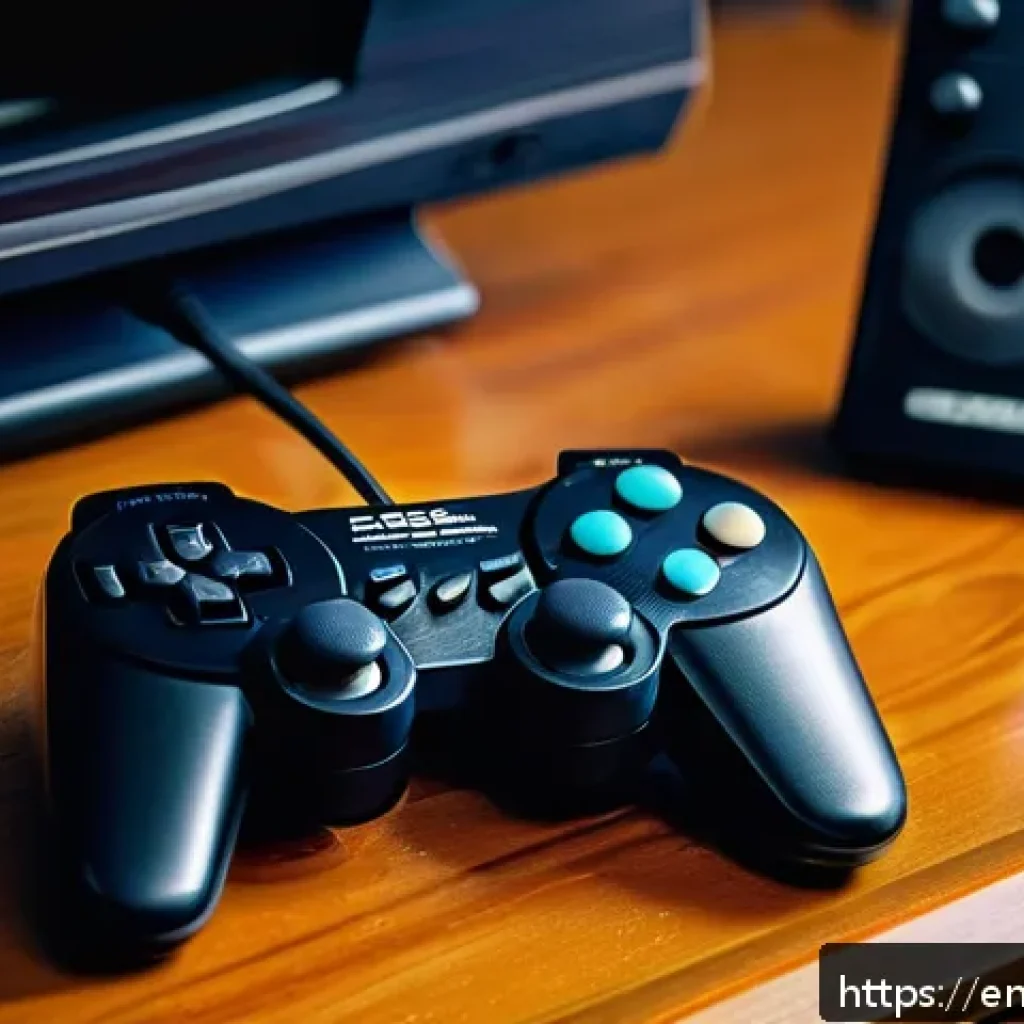 SEGA의 게임 하드웨어 혁신 - A highly detailed, realistic close-up of a classic SEGA Genesis 6-button controller resting on a woo...