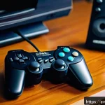 SEGA의 게임 하드웨어 혁신 - A highly detailed, realistic close-up of a classic SEGA Genesis 6-button controller resting on a woo...