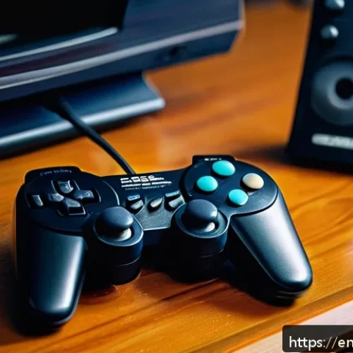SEGA의 게임 하드웨어 혁신 - A highly detailed, realistic close-up of a classic SEGA Genesis 6-button controller resting on a woo...