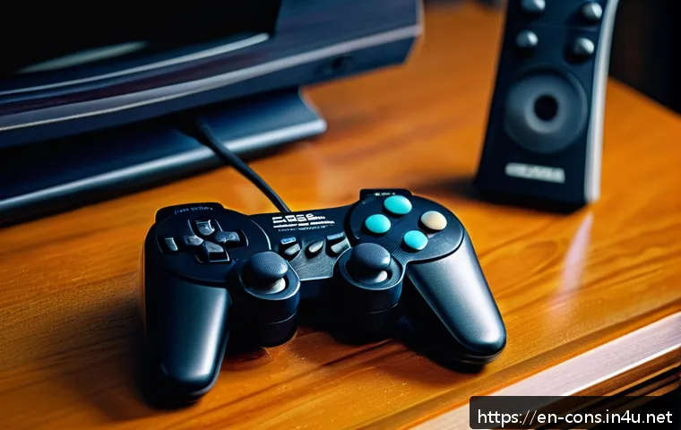 SEGA의 게임 하드웨어 혁신 - A highly detailed, realistic close-up of a classic SEGA Genesis 6-button controller resting on a woo...
