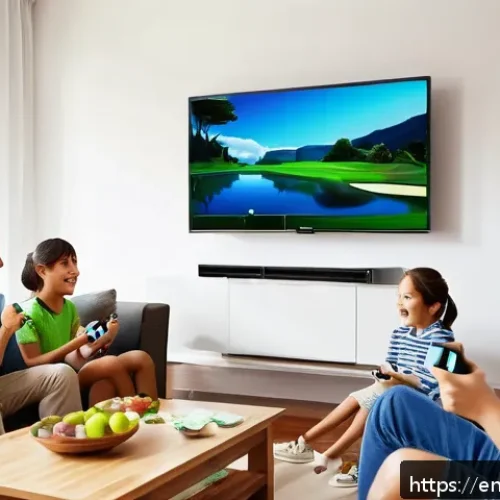 닌텐도 Wii U와 Wii의 차이점 - A cozy living room scene with a diverse group of family members and friends enthusiastically playing...