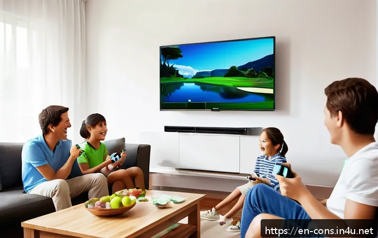 닌텐도 Wii U와 Wii의 차이점 - A cozy living room scene with a diverse group of family members and friends enthusiastically playing...